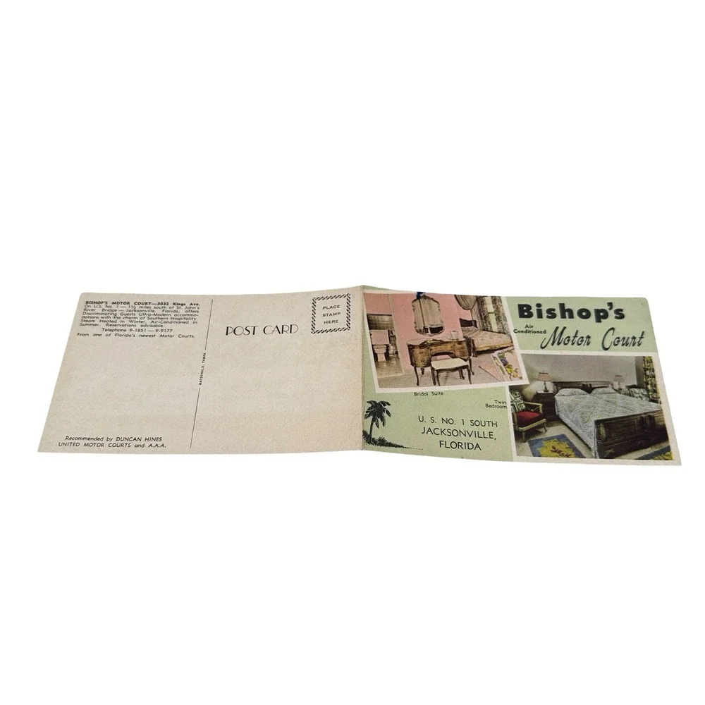 Vintage Bishop's Motor Court Jacksonville Florida Fold-out Postcard Unused 1950s
